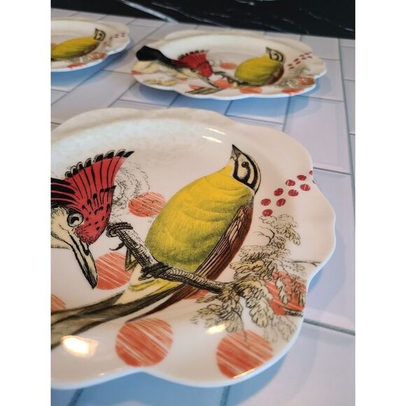 Anthropologie "On Safari" Salad Plates Scalloped Edge Birds Set of 4, Y2K EUC - Picture 4 of 10